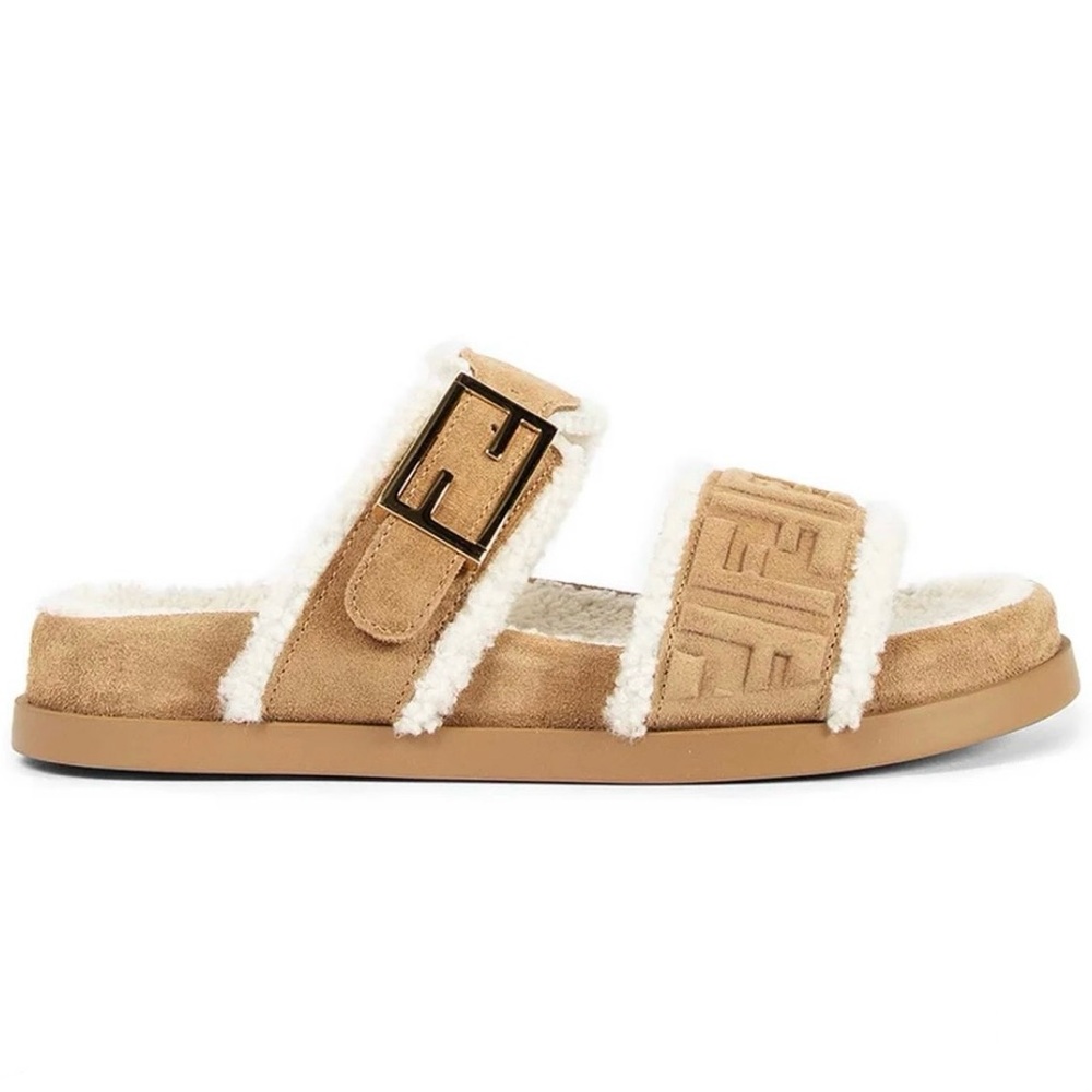 FENDI Feel FF logo shearling lined suede leather slides sandals - Picture 1 of 8